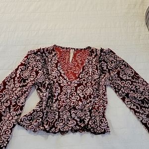 Anthropologie burgundy/white scroll print XS cinched waist detail